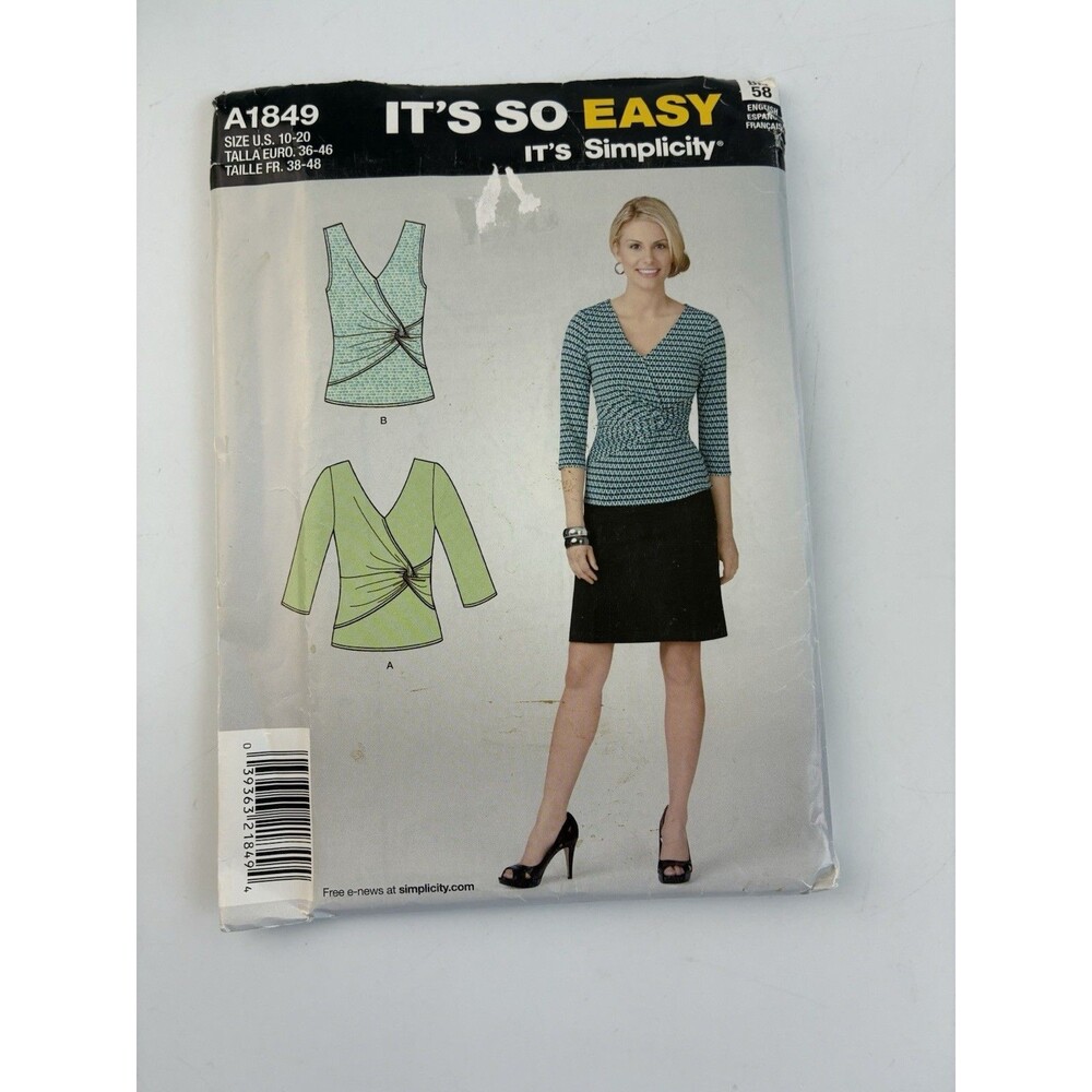Knit Tops Twist Front Faux Wrap Knot 3/4 Sleeve Uncut Pattern A1849 Size 10-20